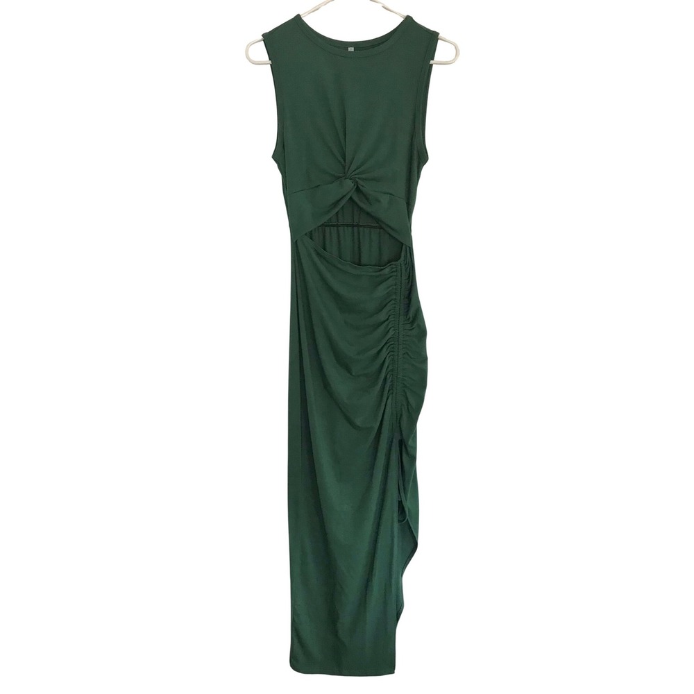 Dark Green Sleeveless Cutout Twist Front Ruched Side Slit Maxi Dress Small